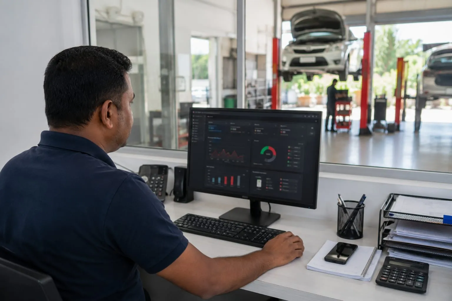 A garage owner checking sales and payments on a dashboard