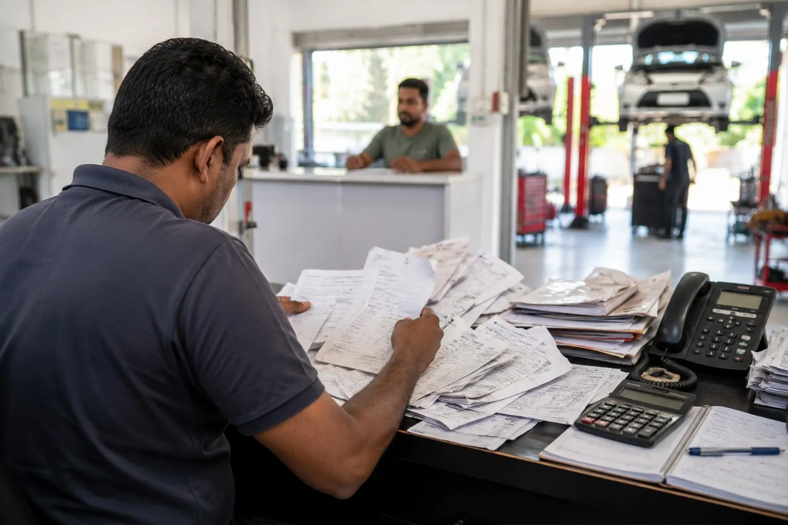 A busy garage with repairs, advisors, and invoices in motion