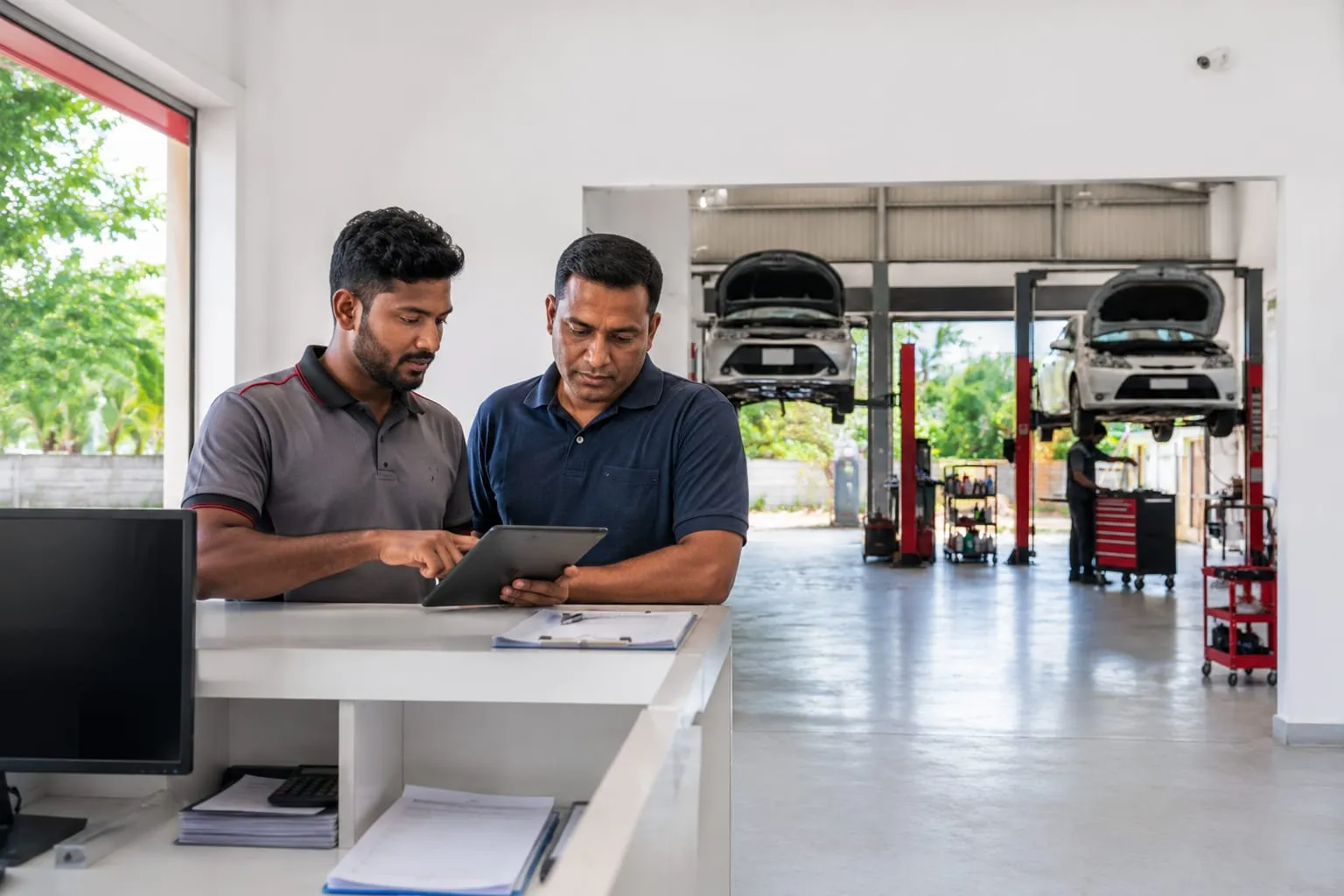 A modern garage using tablets, digital job cards, and a management dashboard