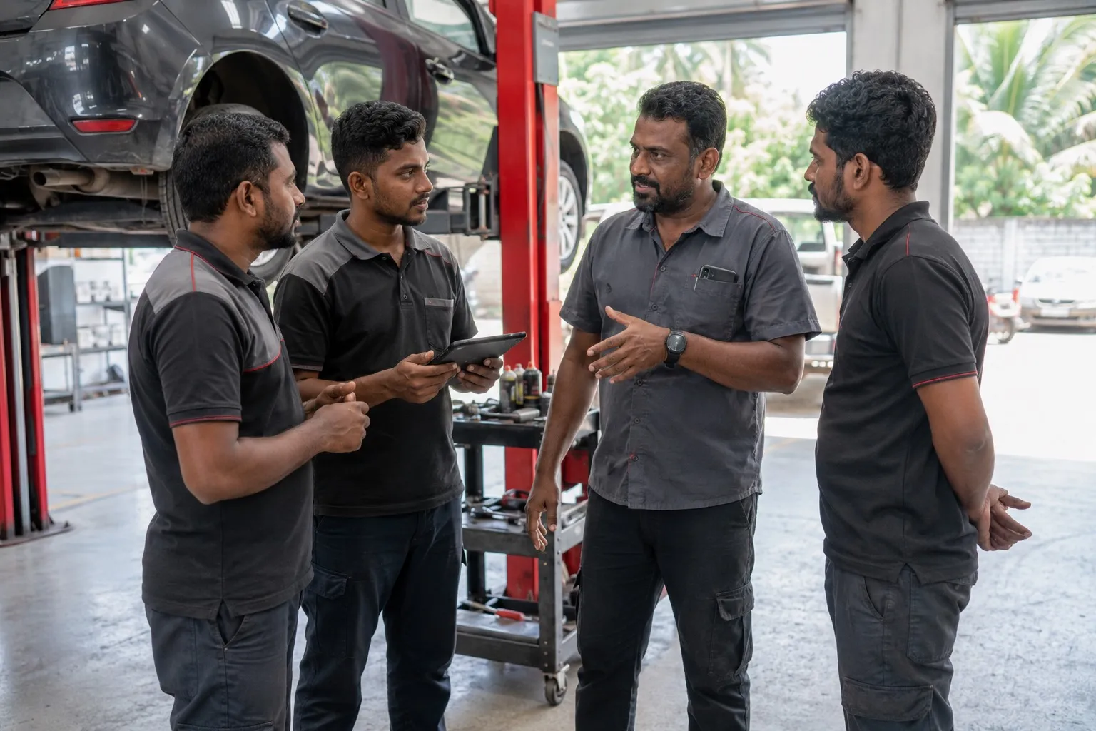 Technicians checking their assigned jobs on the Workshop Floor app