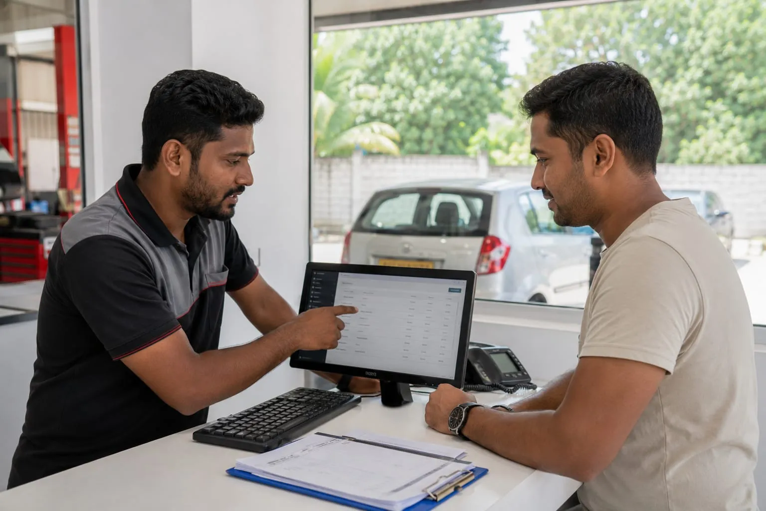 A service advisor showing a customer the service history of their vehicle